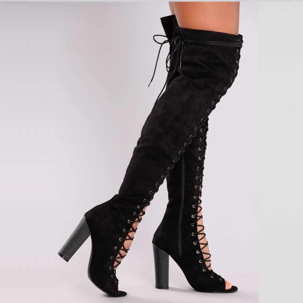 Black Lace-up Open Toe Boots - Picture 3 of 7